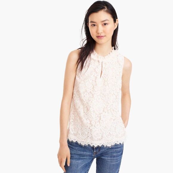 J. Crew Small Tall Cream Ivory Beige Lace Ruffle Neck Sleeveless Keyhole Top New - Picture 1 of 16